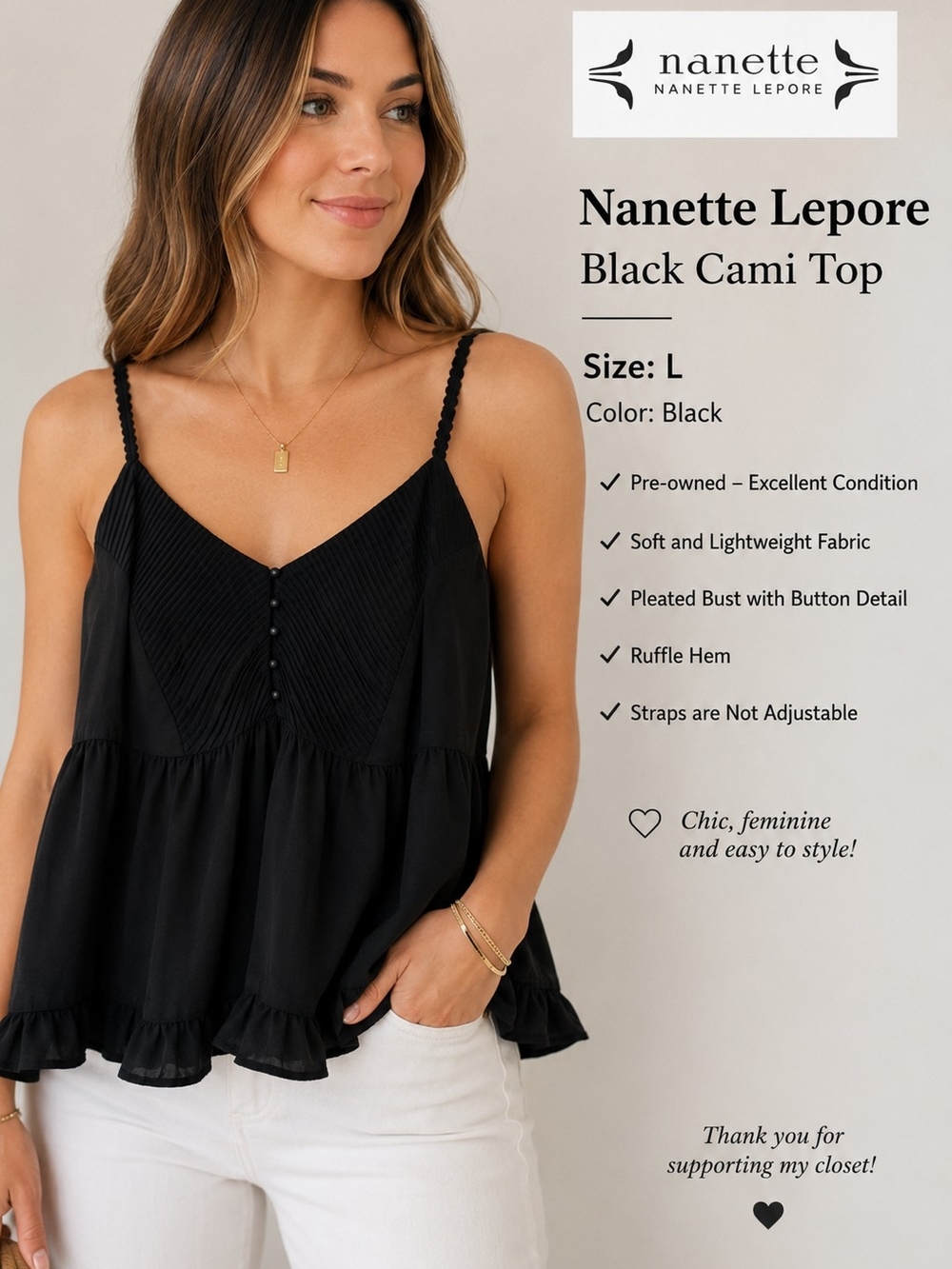 Nanette Lepore Black Tiered Spaghetti-Strap Camisole Top ~ L